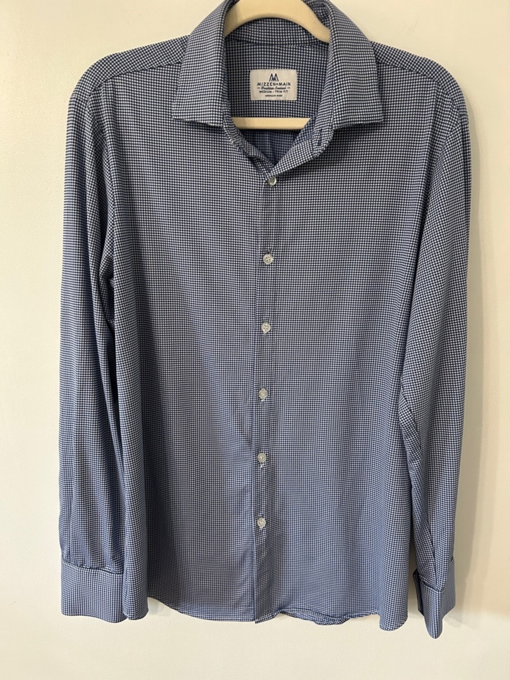 Mizzen+Main Trim Fit Sport Shirt M Navy/White Checkered Button Down Casual